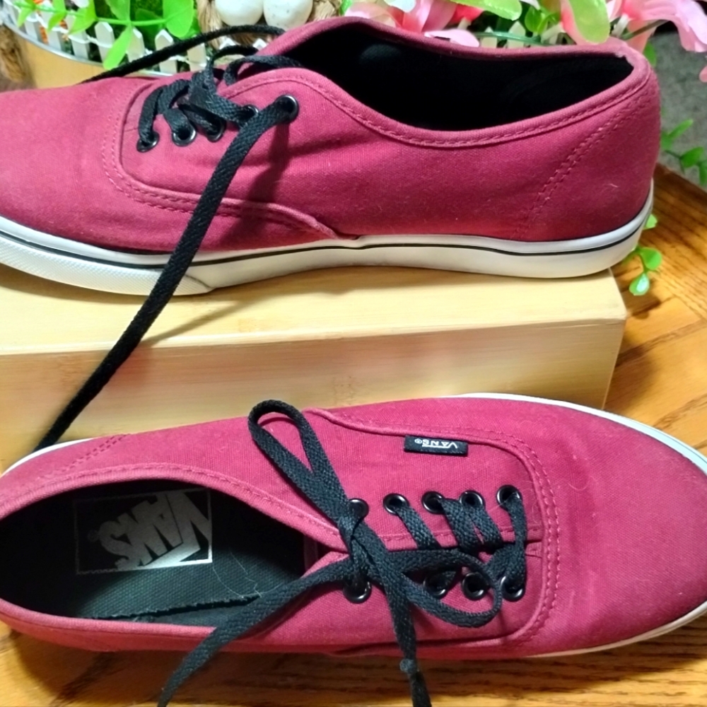 Vans Women's US 8/ Mens US 6.5 Maroon And White With Black Laces Low Shoes